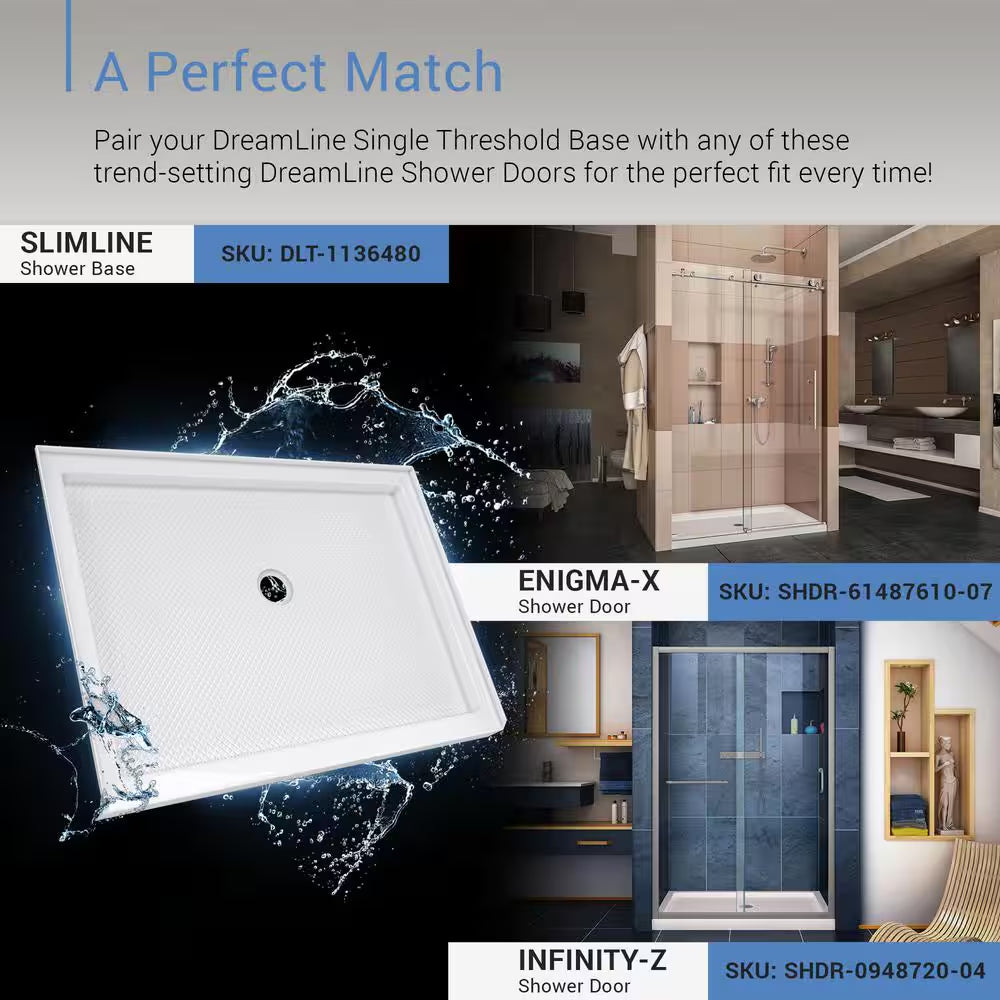 Slimline 48 In. X 36 In. Single Threshold Alcove Shower Pan Base in White with Center Drain