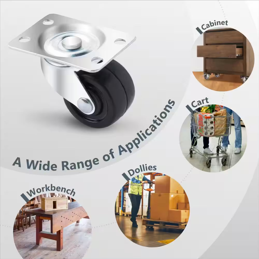 1-1/2 In. Swivel Plate Caster Wheels, Low Profile, Rubber Base Castor Wheels (4-Pack)