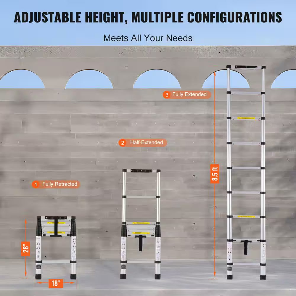 Telescoping Ladder, Non-Slip Feet, 8.5 Ft. Aluminum Extension Ladder 8.5 Ft. 375 Lbs. Collapsible