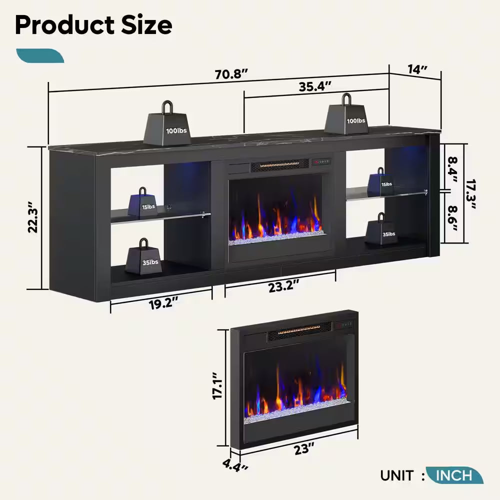 70.8 In. Black TV Stand with Fireplace Fits Tvs up to 75 In. LED Entertainment Center