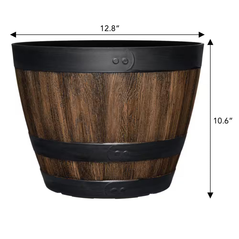 Reedley Medium Kentucky Walnut Brown Resin Wine Barrel Lightweight round Planter (12.8 In. L X 12.8 In. W X 10.5 In. H)