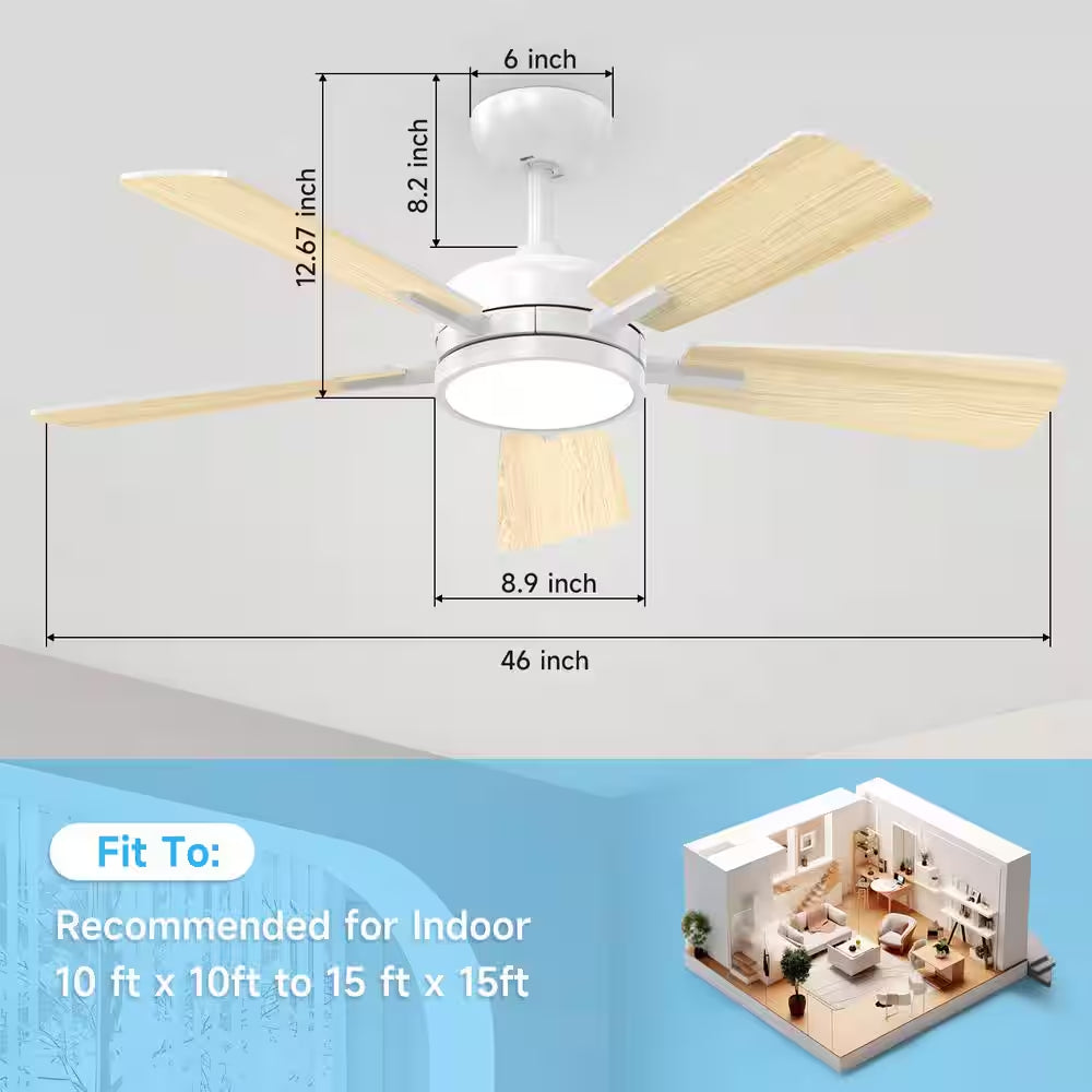 T5 Series 46 In. Indoor White Ceiling Fan with Dimmable 3-CCT Light and Bedroom Mood Light, Reversible Quiet DC Motor