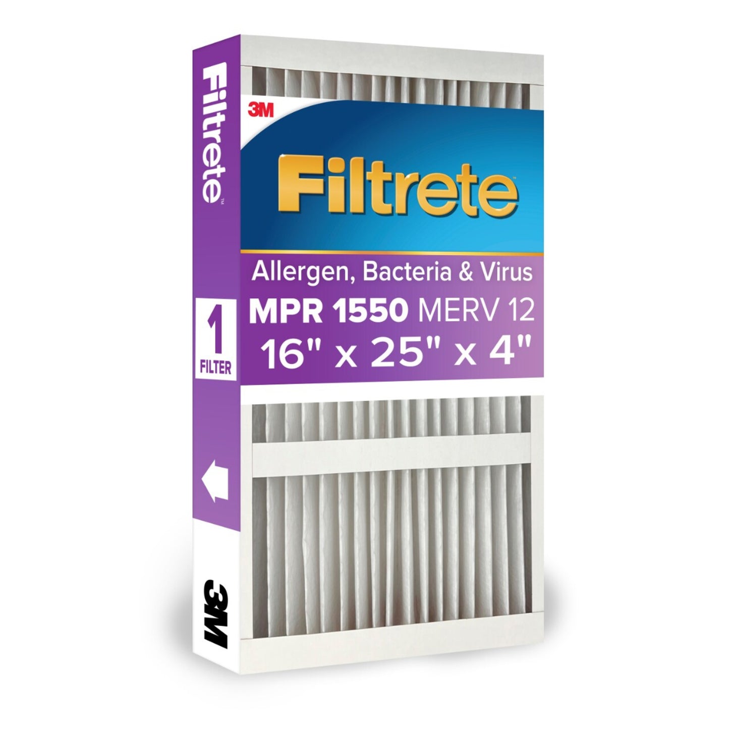 16 X 25 X 4 MERV 12 1550 MPR Allergen, Bacteria and Virus Electrostatic Pleated Air Filter