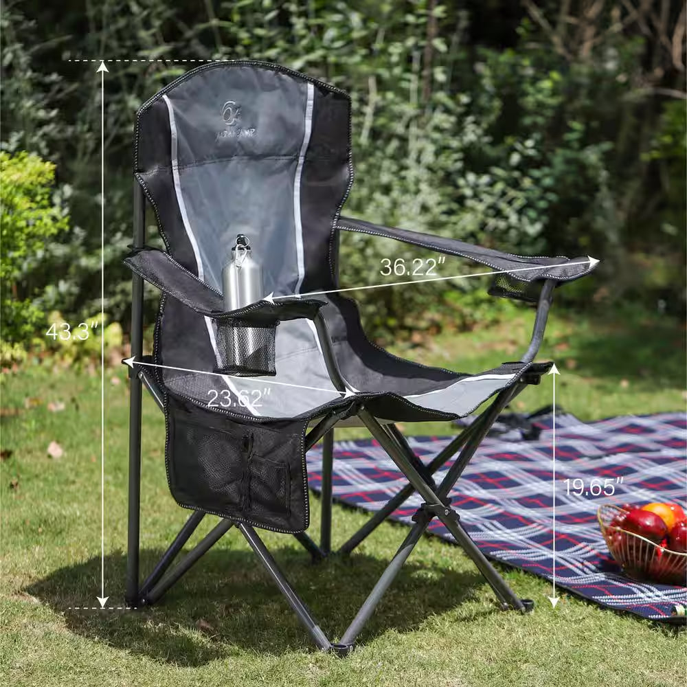 Oversized Foldable Black Camping Chair with Heavy-Duty Steel Frame