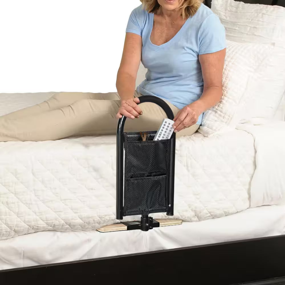 10.5 In. Bedcane Home Bed Rail with Wooden Base Board and Organizer Pouch in Black