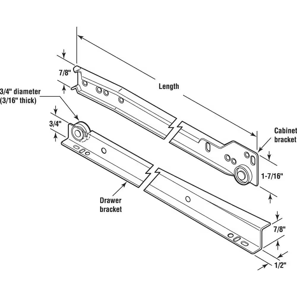 Self-Closing Design -Fits Most Bottom/ Side-Mounted Drawer Systems -15-3/4" Steel Tracks, Plastic Wheels, White (1-Pair)