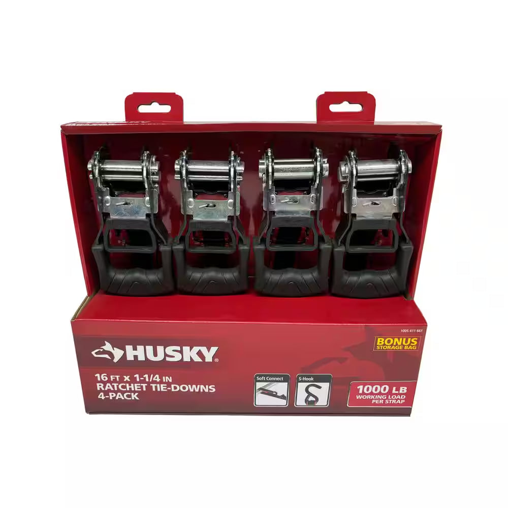 16 Ft. 1.25 In. Ratchet Tie-Down Straps with S-Hook (4-Pack)