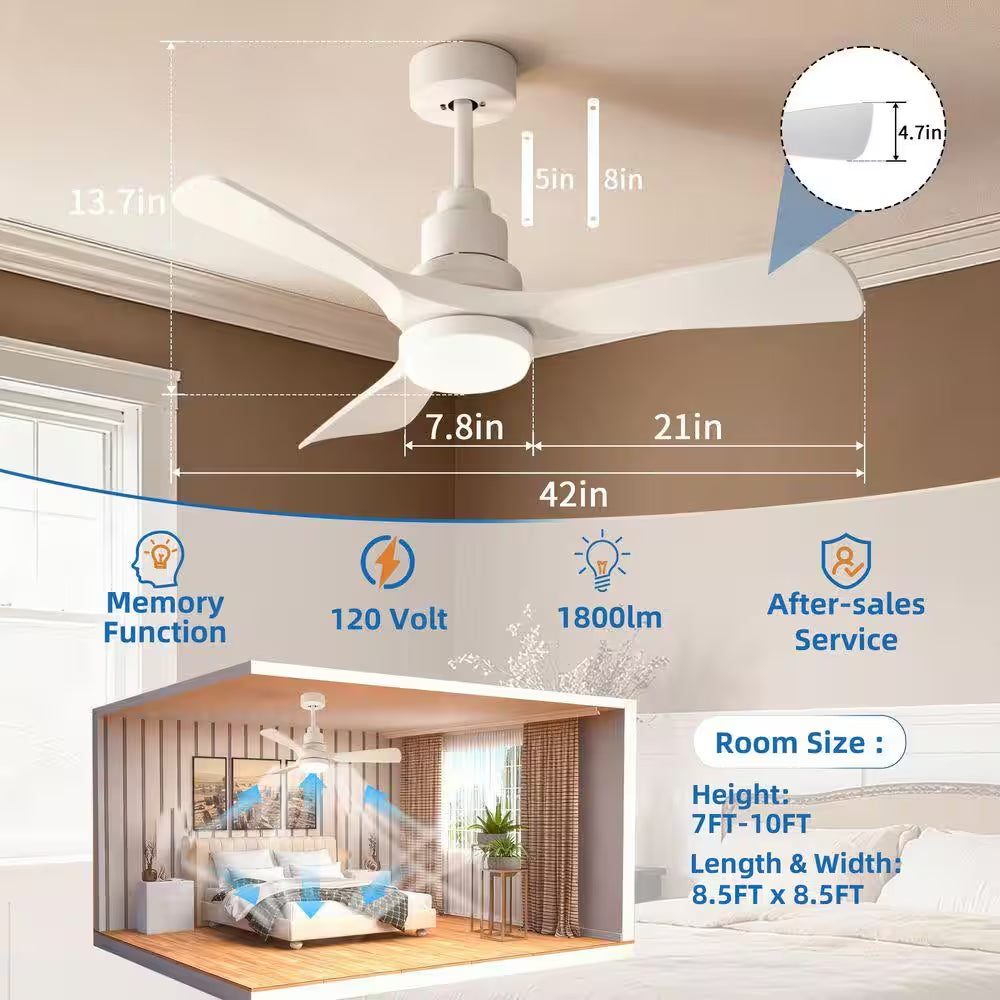 42 In. Smart White 6-Speed White Blades Downrod Mount Standard Ceiling Fan with Dimmable LED Light Included Remote