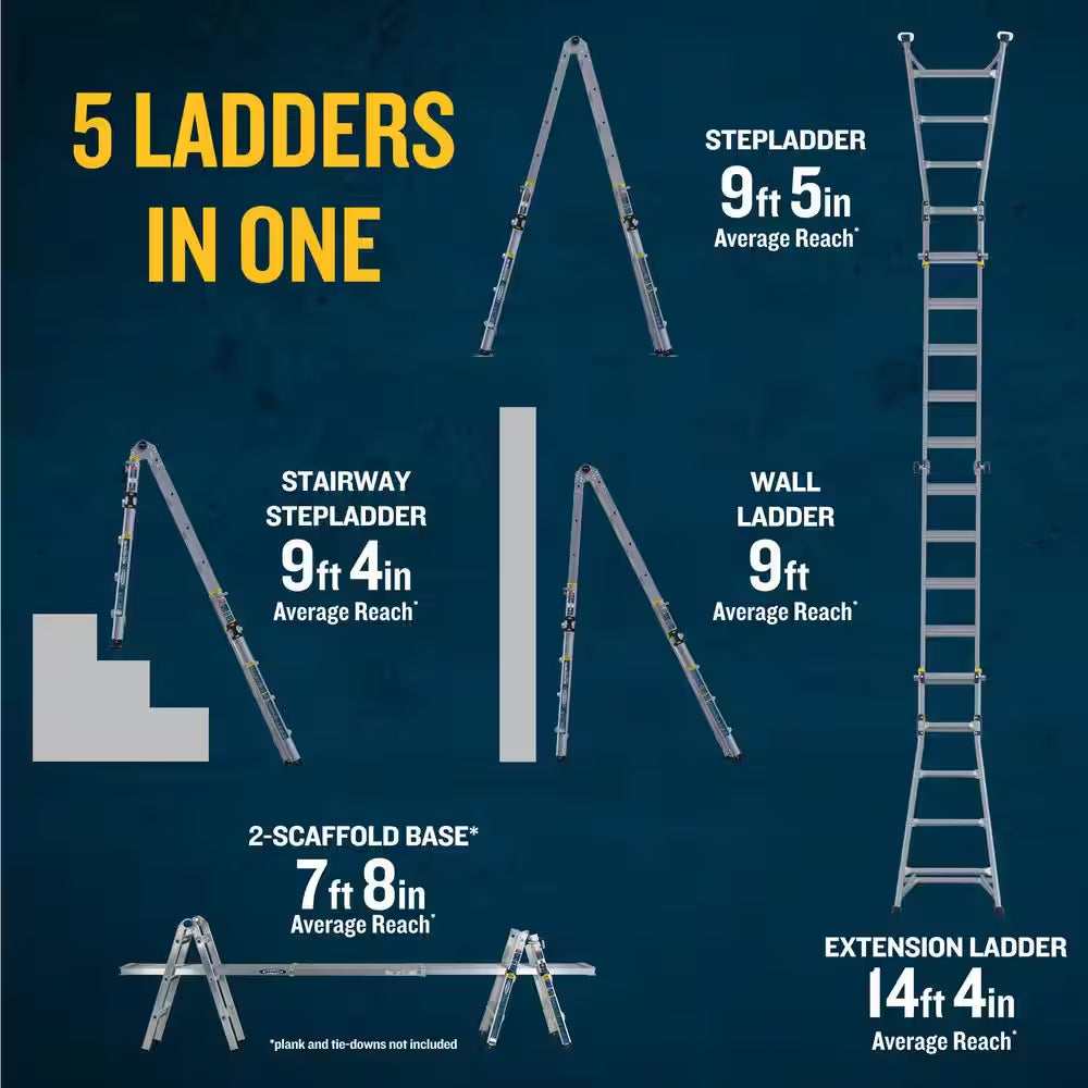 5 in 1 Multi Position Pro 14 Ft. Reach Aluminum Adjustable Multi Position Ladder, 375 Lb. Load Capacity Type IAA Duty