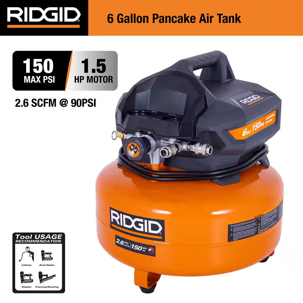 6 Gal. 150 PSI Portable Electric Oil-Free Jobsite Pancake Air Compressor with Dual Pressure Gauges and 2-Quick Couplers