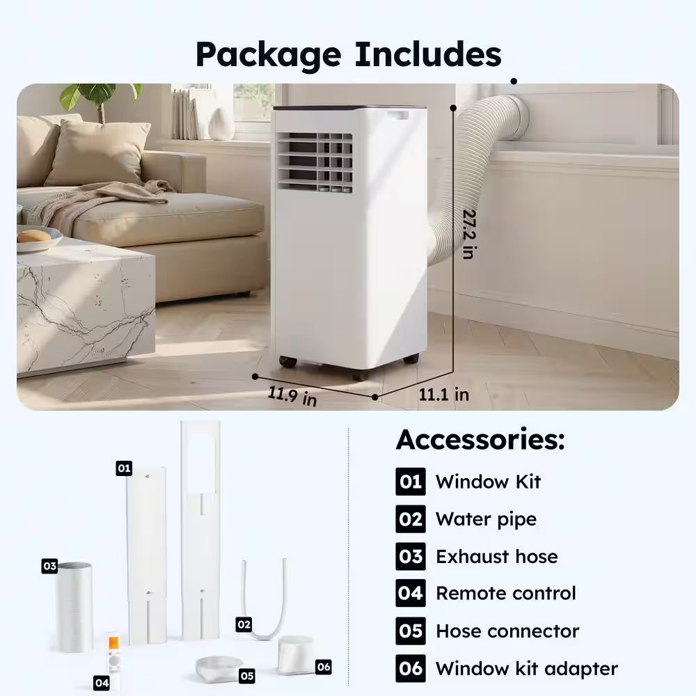 8000 BTU Portable Air Conditioner 350 Sq. Ft. with Dehumidifier with Remote in White, Timer, 3-Modes