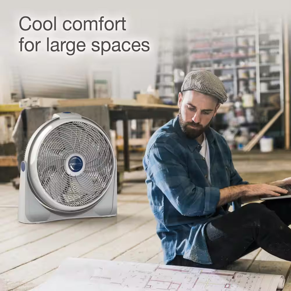 Cyclone 20 In. 3 Speed Air Circulator Floor Fan for Home in White with Wall Mount Option, 90° Pivoting Head and Handle