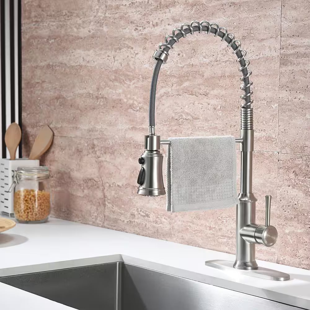 Spring Single-Handle Pull-Down Sprayer Kitchen Faucet with 3 Spray Mode in Stainless Steel Brushed Nickel
