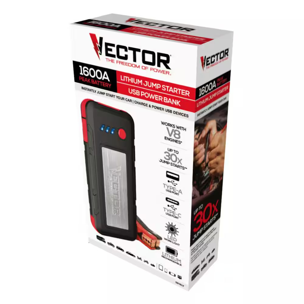 1600 Peak Amp Automotive Lithium Jump Starter, Portable Power - 15W USB-A & USB-C
