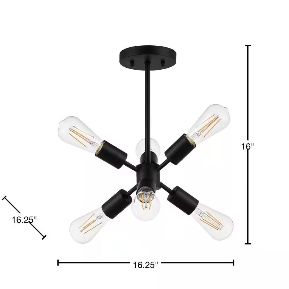 Leonie 16.25 In. 6-Light Matte Black Sputnik Semi-Flush Mount, Industrial Ceiling Light