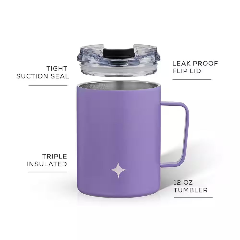 12 Oz. Purple Stainless Steel Vacuum Insulated Travel Coffee Mug Tumbler with Lid & Handle