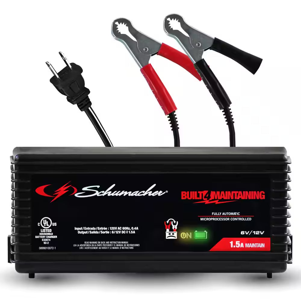 1.5A Car Battery Charger and Maintainer, Restores Batteries, Smart Trickle Charge, Automatic,Auto Restart,6V/12V, SC1355