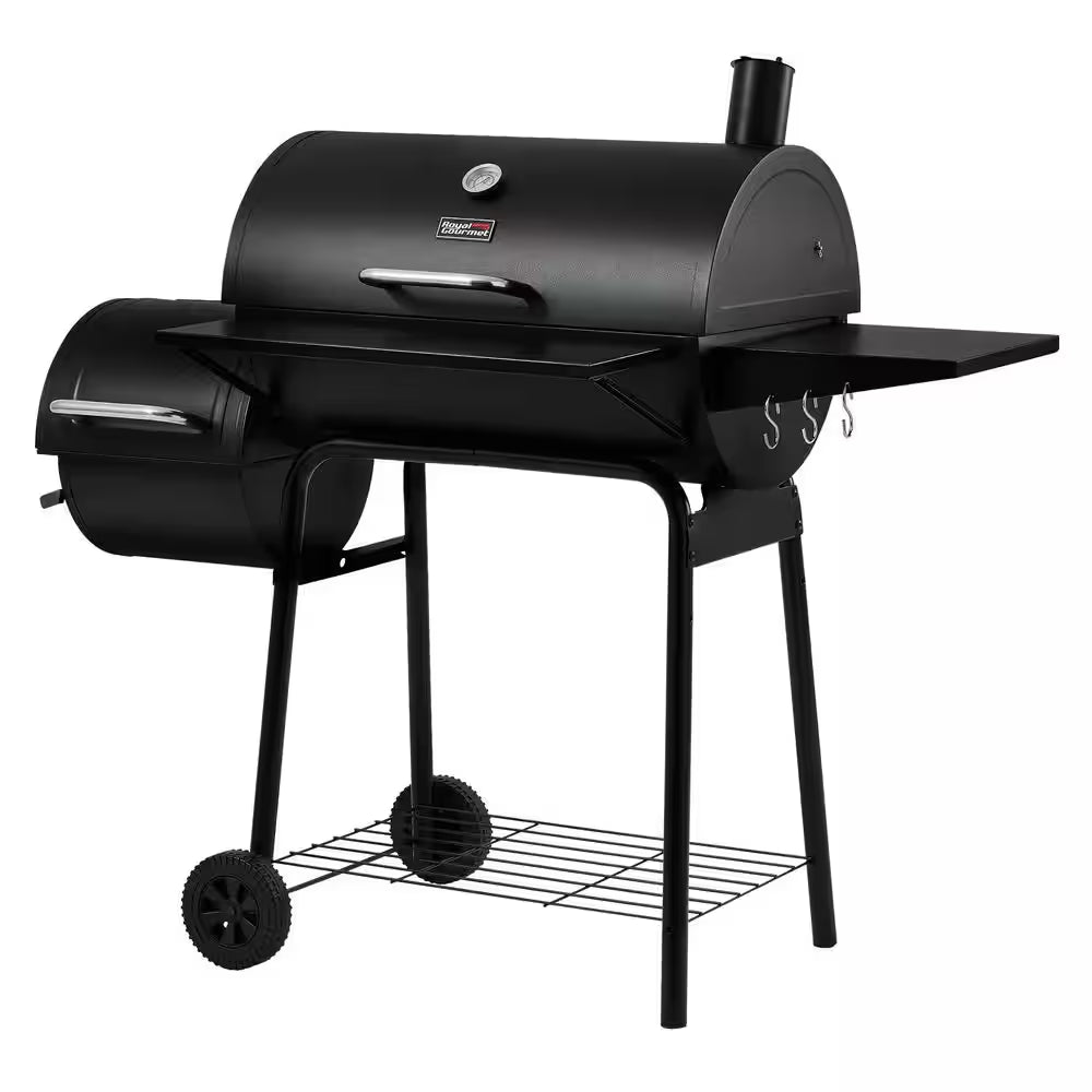 Charcoal Grill in Black with Offset Smoker and Side Table