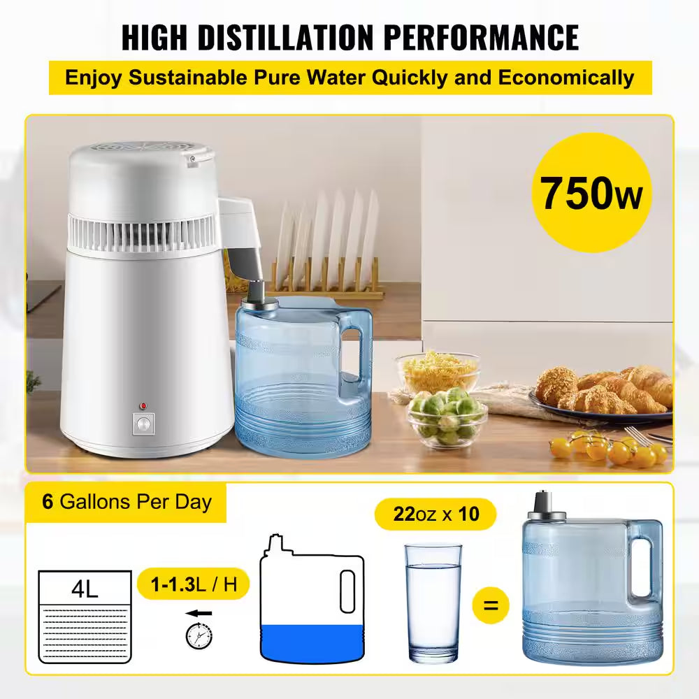 Pure Water Distiller 750W Fully Upgraded with Handle 1.1 Gal. /4L BPA Free Container Perfect for Home Use White