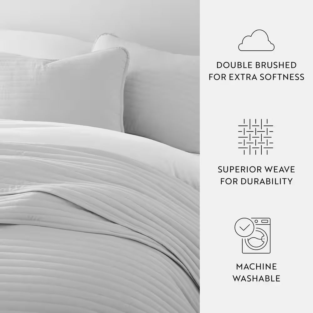 All Season 3-Pcs Light Gray Microfiber Twin/Twin XL Stripe Stitch Quilt Set with Shams