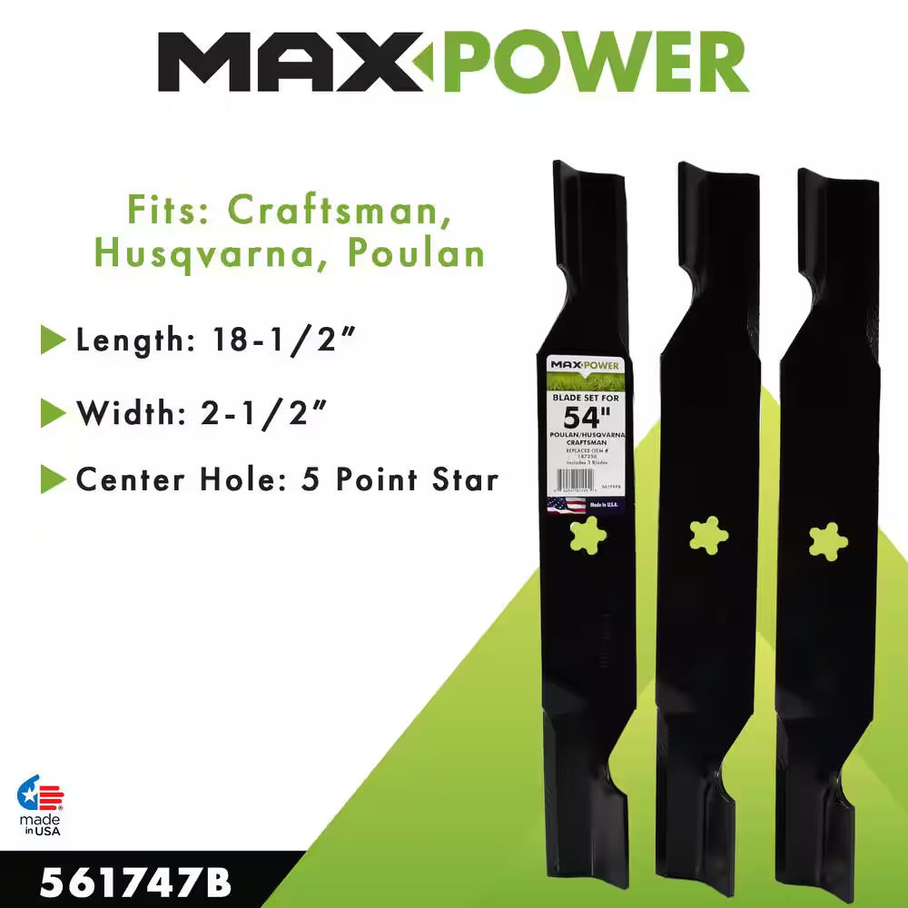 3 Blade Set for Many 54 In. Cut Craftsman, Husqvarna, Poulan Mowers Replaces OEM #'S 187256 and 532187256