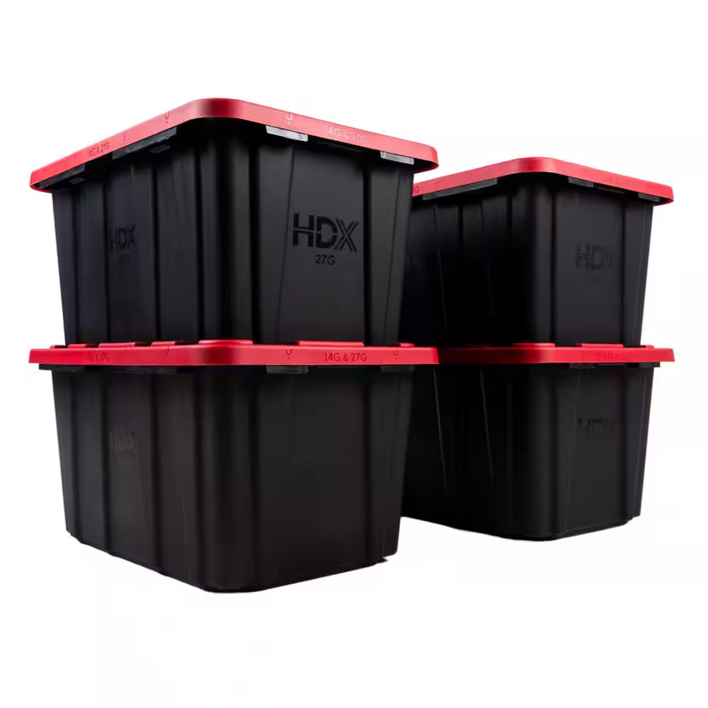 27 Gal. Tough Storage Tote in Black with Red Lid (4-Pack)