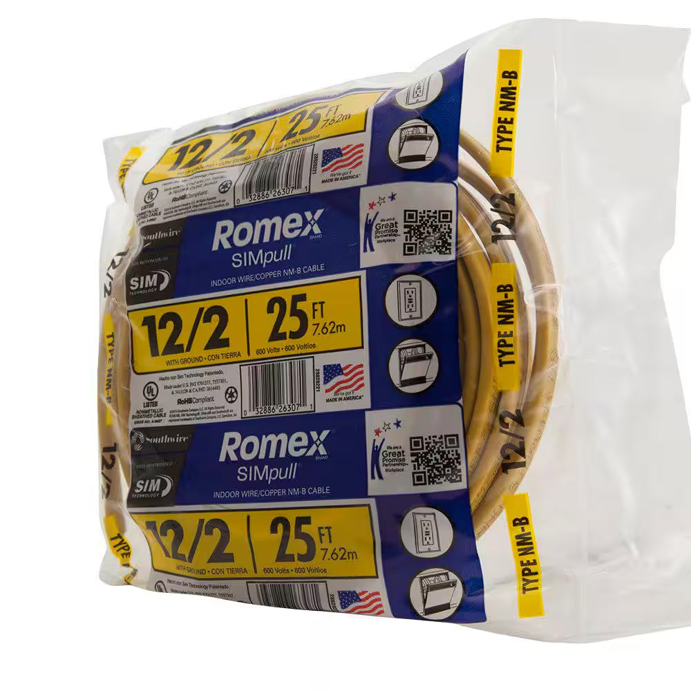 25 Ft. 12/2 Solid Romex Simpull CU NM-B W/G Wire