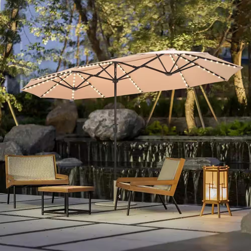 13 Ft. Steel Market 8-Color Solar LED Lights Patio Umbrella in Beige
