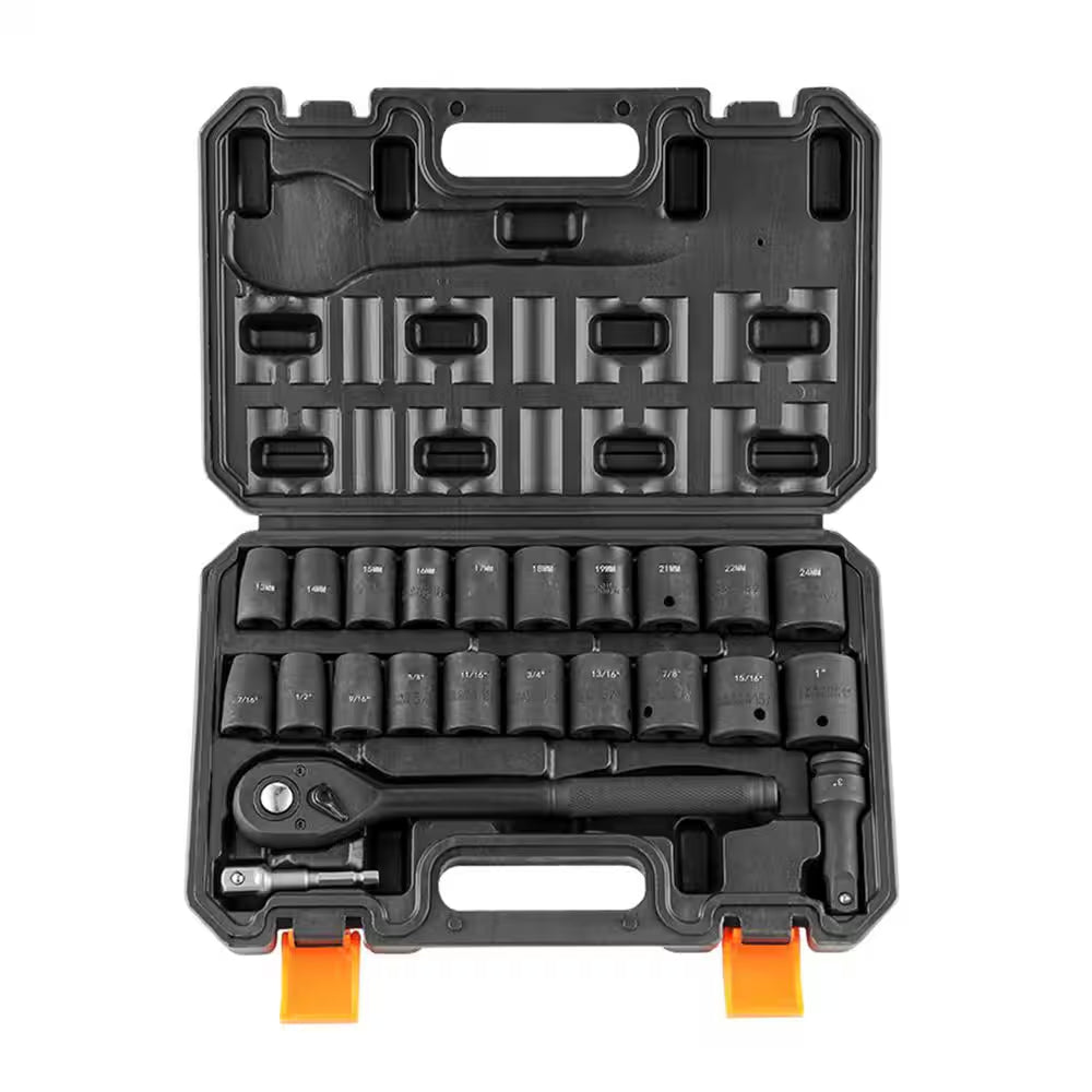1/2 In. Drive Impact Socket Set, 23 Piece Socket Set SAE 7/16 In-1 in and Metric 13-24Mm, 6-Point Cr-V Alloy Steel