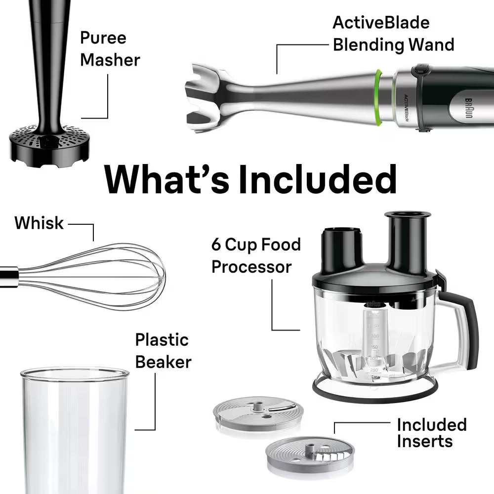 Multiquick 7 Smart-Speed Stainless Steel Immersion Blender with 500W of Power, Whisk, Masher, and 6-Cup Food Processor