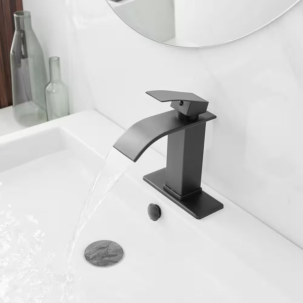 Waterfall Single Handle Single Hole Low-Arc Bathroom Faucet Bathroom Drip-Free Vanity Sink Faucet in Matte Black