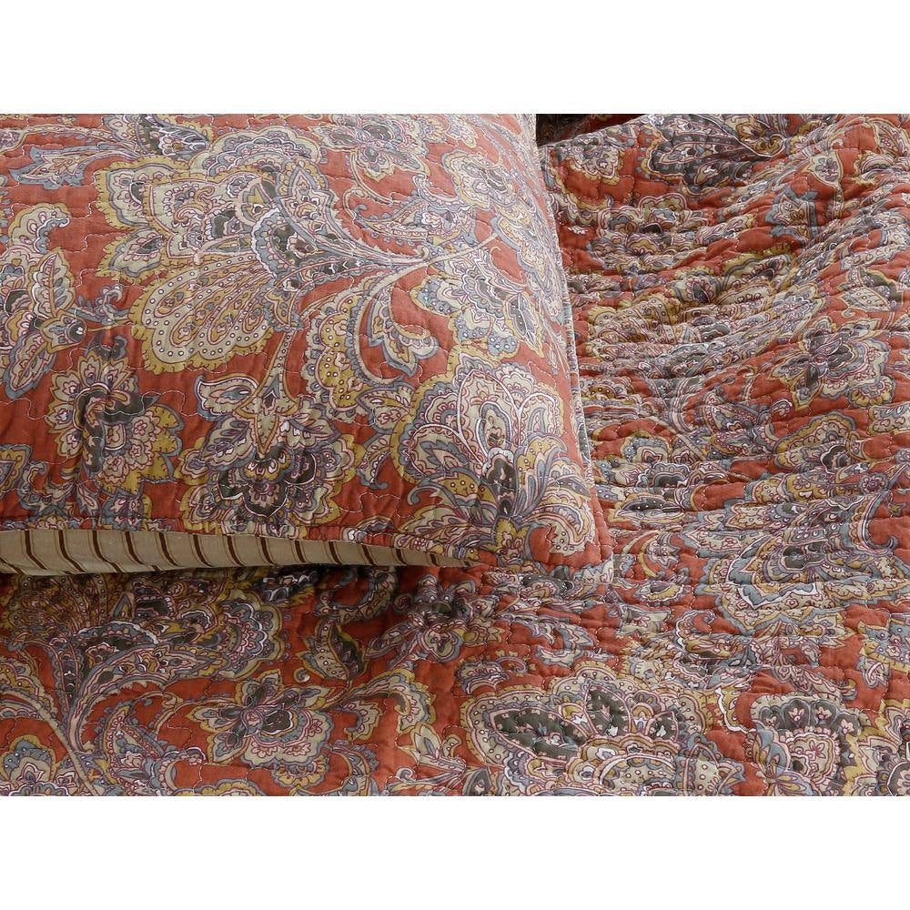Vintage Rustic Bronze Country Paisley Fall Floral 3-Piece Copper Gray Red Orange Beige Cotton King Quilt Bedding Set