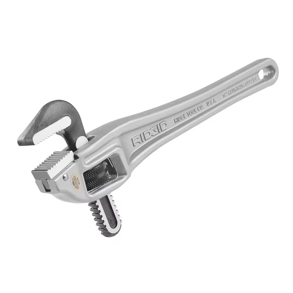14 In. Aluminum Offset Pipe Wrench with Narrow Hook Jaw Parallel to Handle for Tight Spaces & Overhead Applications