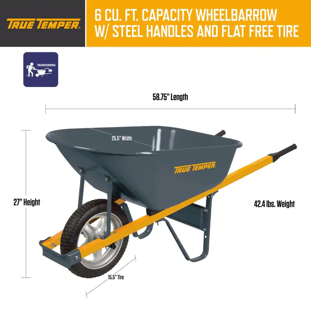 6 Cu. Ft Steel Wheelbarrow with Flat Free Tires and Metal Handles