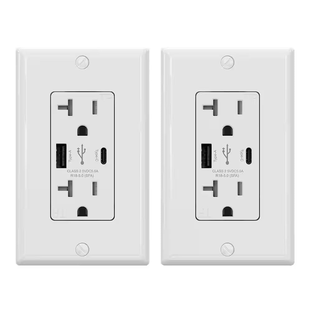 25-Watt 20 Amp Type a & C Dual USB Wall Charger with Duplex Tamper Resistant Outlet Wall Plate Included, White (2-Pack)