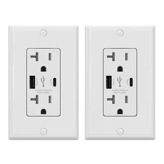 25-Watt 20 Amp Type a & C Dual USB Wall Charger with Duplex Tamper Resistant Outlet Wall Plate Included, White (2-Pack)