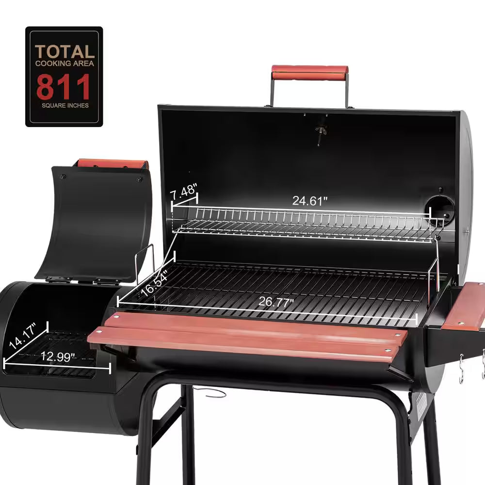 Barrel Charcoal Grill in Black with Offset Smoker, 811 Sq. In. Cooking Space, Wood-Painted Side Table