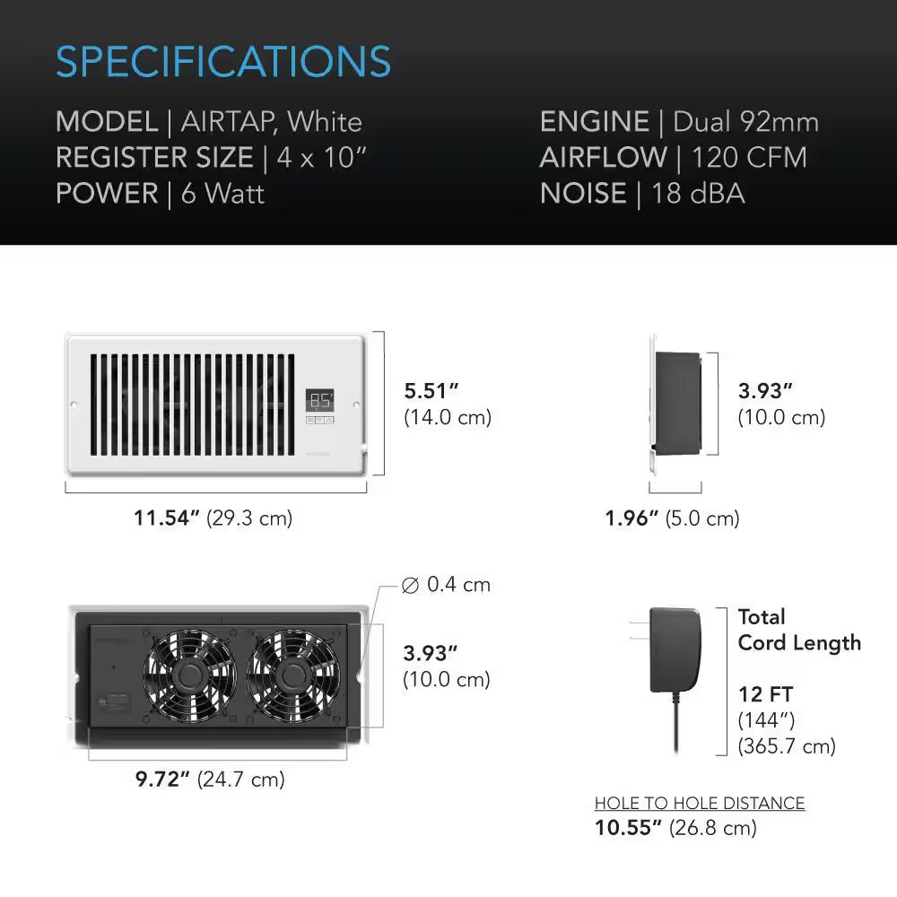 AIRTAP T4 120 CFM 4 In. X 10 In. Quiet Register Booster Fan with Thermostat Control, Heating Cooling AC Vent
