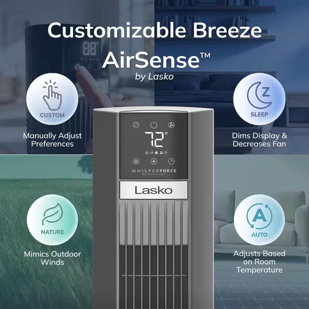 48 In. 12-Speed Oscillating Tower Fan in Gray, Quiet Operation, DC Motor, Remote Control and 12-Hour Timer, 12 In. Dia