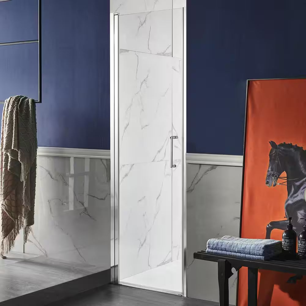 Lancer Series 23.4 In. X 72 In. H Hinged Frameless Shower Door in Polished Chrome with Tsunami Guard Tempered Glass