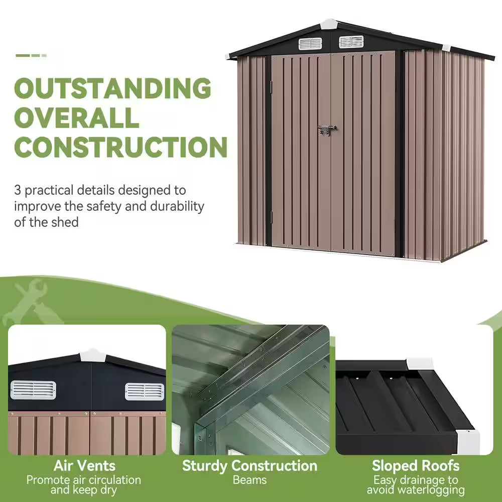 6 Ft. W X 4 Ft. D Brown Metal Shed with Lockable Door and Vents for Tool, Garden, Bike (24 Sq. Ft.)