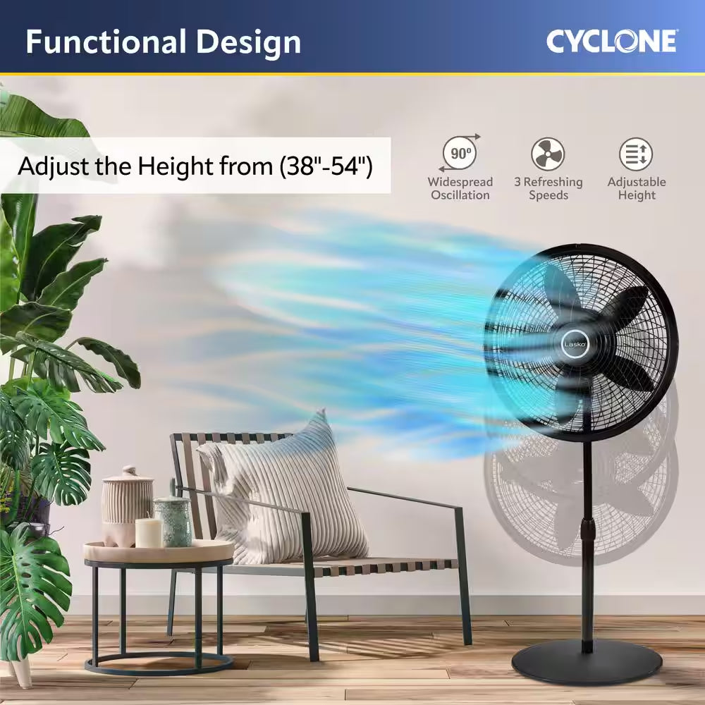Cyclone 18 In. 3 Speed Oscillating Pedestal Fan for Home in Black with Adjustable Height, Tilt Back Head, Easy Assembly