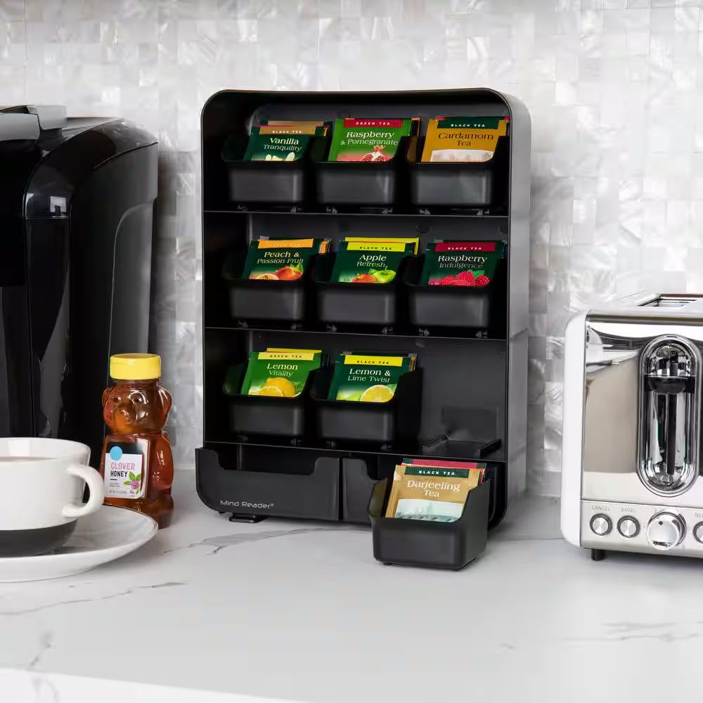 Tea Bag Organizer Tea Station Organizer Countertop Storage Plastic, Black