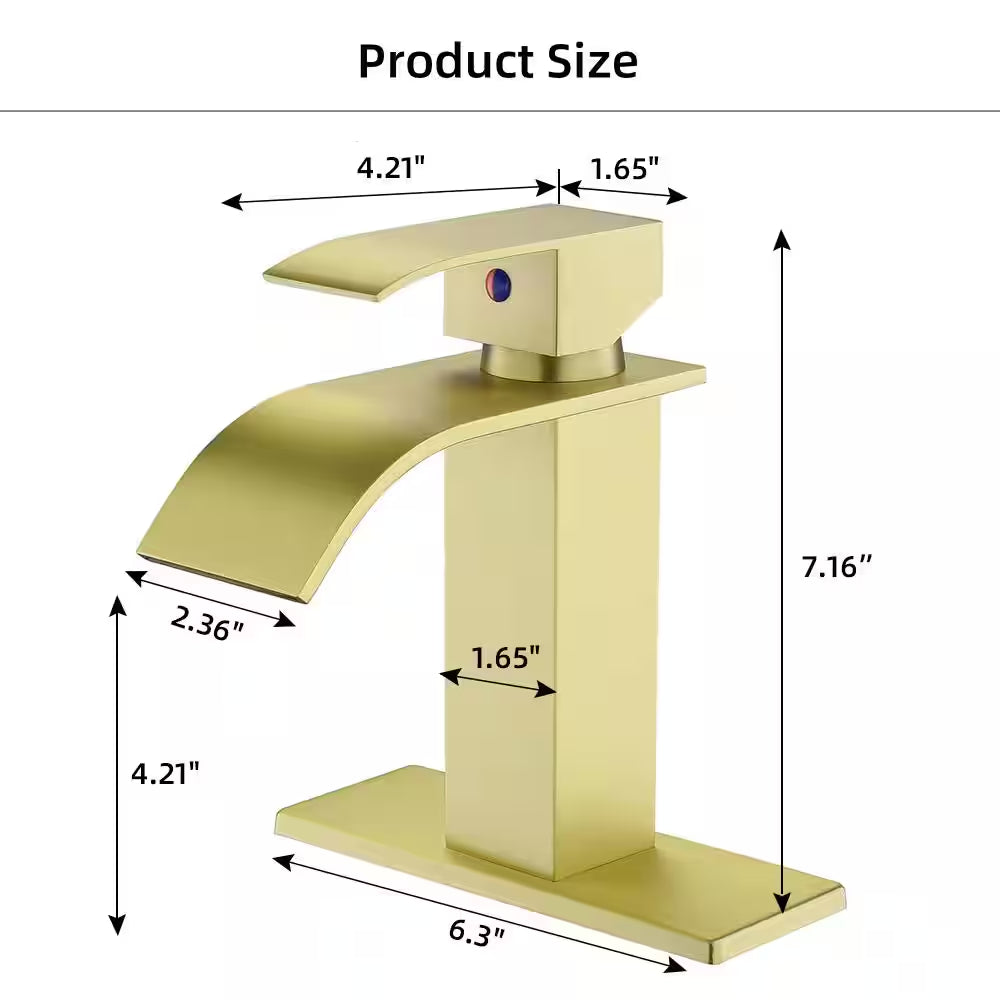 Single-Handle Arc Single-Hole Bathroom Faucet with Waterfall in Brushed Gold