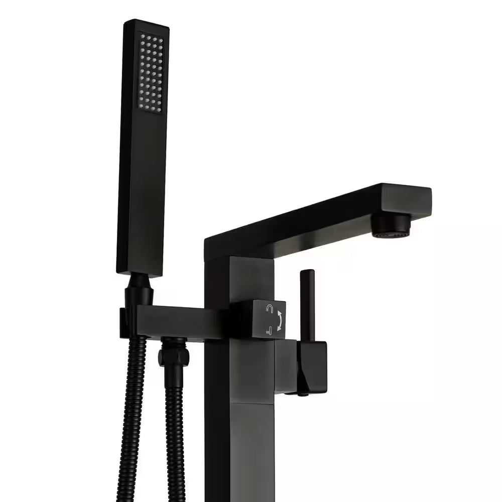 1-Handle Freestanding Floor Mount Roman Tub Faucet Bathtub Filler with Hand Shower in Matte Black