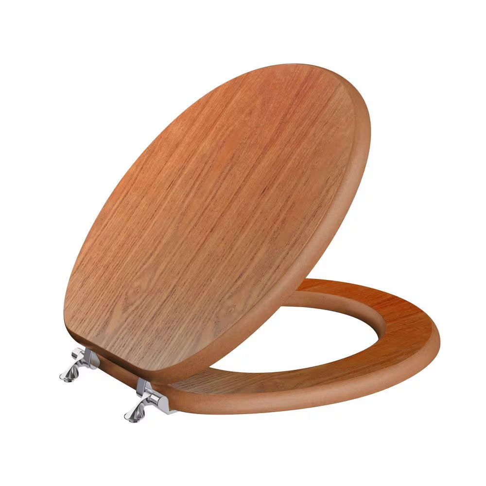 Oak Designer Wood round Toilet Seat with Cover, Chrome Hinges