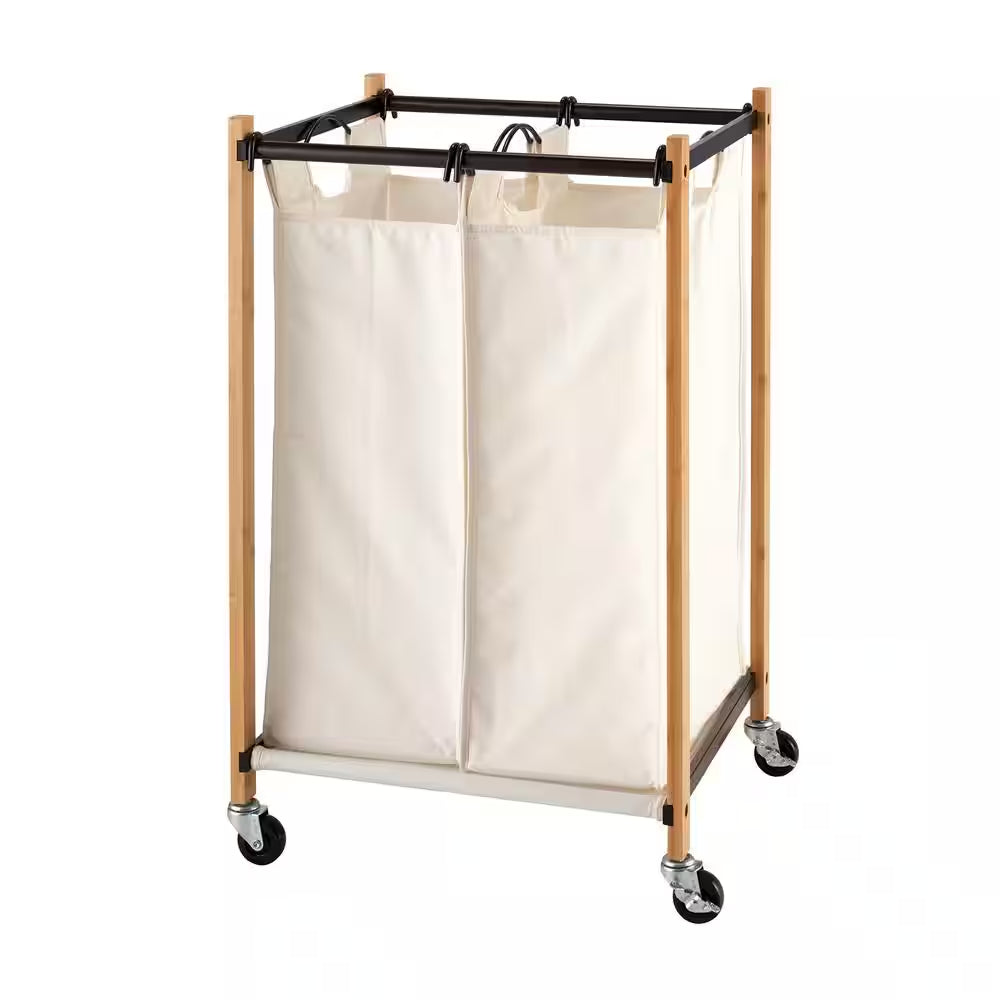 Basics Bronze 2-Bag Bamboo Laundry Cart with Wheels