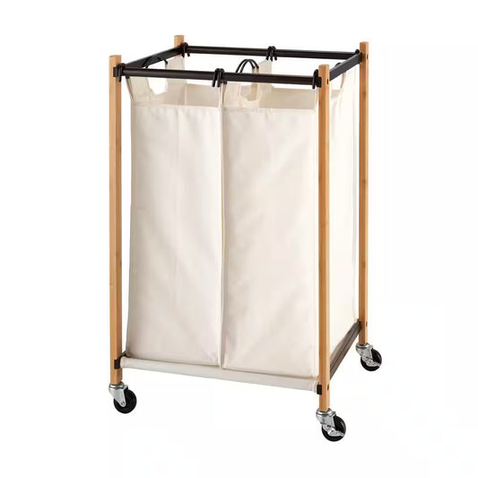 Basics Bronze 2-Bag Bamboo Laundry Cart with Wheels