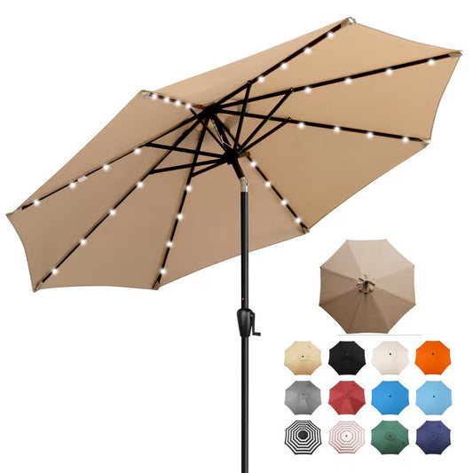 9 Ft. Steel Market Solar Lighted 8-Rib round Patio Umbrella in Taupe