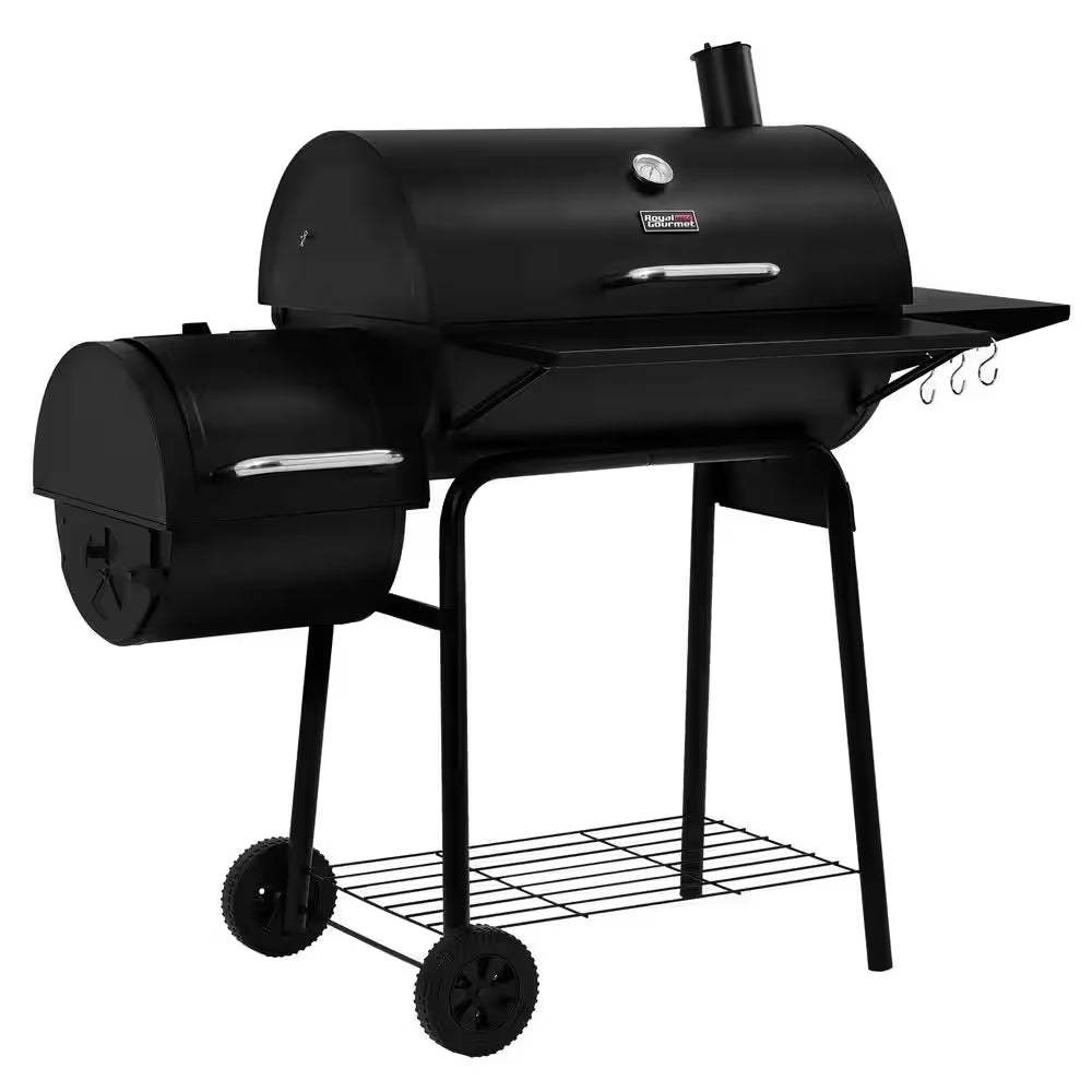Charcoal Grill in Black with Offset Smoker and Side Table